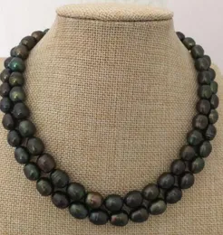 Doble filamentos 10-11mm tahitian negro verde barroco collar de perlas