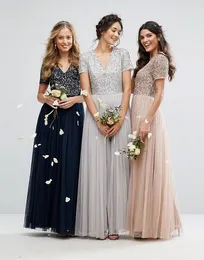 Designer Country Topp Sequins Bridesmaid Klänningar med korta ärmar Sexiga En linje V Neck Tulle Navy Silver Lång Formell Prom Party Gowns Cheap