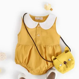 Nyfödd spädbarn baby tjejer söt docka krage knappar ärmlös romer sommar solid färg jumpsuit bomull och linne outfit kläder