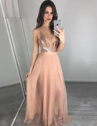 Rose Gold Sequin Split evening Dresses 2019 Deep V Neck spaghetti strap Backless Bridesmaid Party Gowns Long Pageant Gowns Cheap Custom