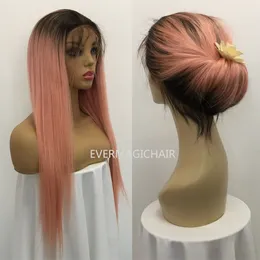 Ombre T1B / Rosa Volle Spitze Echthaar Perücken Seidige Gerade Brasilianisches Reines Menschenhaar 150 Dichte Spitzefrontseitenperücke Mit Dem Babyhaar Glueless