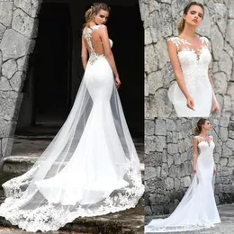 2020 New Sexy Backless Mermaid Wedding Dresses With Tulle Applique Train Sheer Cap Sleeve Lace Satin Wedding Gowns robes de mariée BM1529