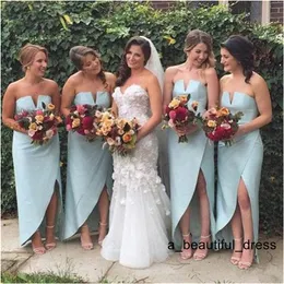 Simple Unique Light Blue Strapless High Low Cheap Bridesmaid Dressese Party Prom Dresses Custom Made Formal Dresses