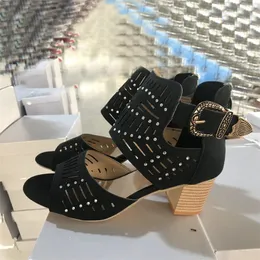 2020 New Women Summer Sandal Fashion Balck High Heel with Sparkles Leather Sandals Dress Ladies Shoes Mid-heel Good Quality with Box