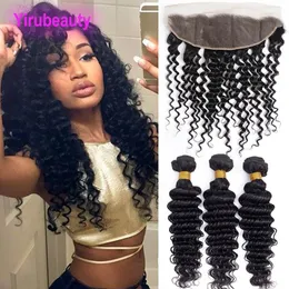 Cabelo virgem indiano cor natural ondas profundas extensões de cabelo 13x4 rendas frontais feixes de cabelo humano com fechamento 4 peças/lote