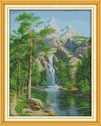 High mountain and flowing water home decor painting ,Handmade Cross Stitch Embroidery Needlework sets counted print on canvas DMC 14CT /11CT