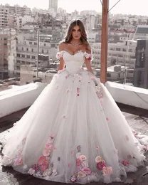 Luxus-Ballkleid-Hochzeitskleider 2020, herzförmig, schulterfrei, rosa Blumen-Brautkleid, rückenfrei, Sweep-Zug, Brautkleid in Übergröße333u