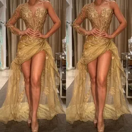 Shiny Gold One Shoulder Prom Dresses 2020 Cekinowe aplikacje Długie rękawy Syrenka Suknia Wieczorowa Afryki Party Vestido