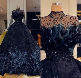 Bohemian Black Ienasdresses Ball Gown Wedding Dresses Long Sleeve High Neck Satin Princess Gown Tulle Lace Feather Crystal Bridal 267V