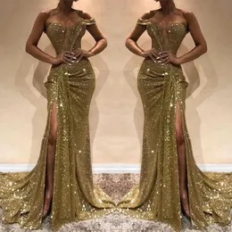 Guld paljetter blingbling prom sexig en axel sjöjungfru hög delad aftonklänningar kvinnor billiga festklänningar
