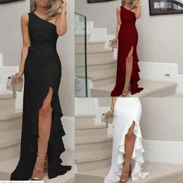 Nowe letnie kobiety ubierają się na jedno ramię Ruched Ruffle Formal Evening Party Dress Slim Maxi Długie sukienki Vestidos329f