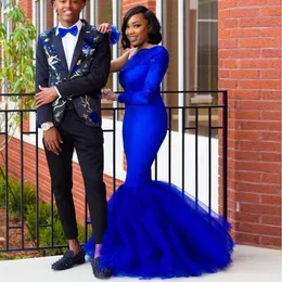 Cheap Royal Blue Lace Mermaid Prom Dresses Beaded One Shoulder Long Sleeve Evening Gowns Plus Size Floor Length Appliqued Tulle Formal Dress