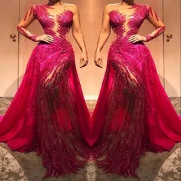 Sheer One Shoulder Lace Long Sleeve Prom Evening Dresses Sheer Tulle Sequins Crystals Ruched Red Carpet Dress Formal Gowns