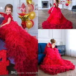 Cheap Red Princess Pageant Dresses Jewel Neck Tulle Tiered Ruffles Short Sleeves Long Train Backless Kids Wedding Flower Girls Dress