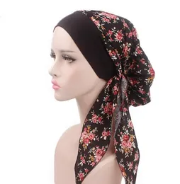 New Women Elegant king Flower Elastic Mesh Turban Chemo Cap Beanie Head Wrap Head Muslim Scarf for Hair Loss Hat