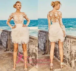 Elbeth Gillis 2020 Koktajl Suknie Illusion Bodice Z Długim Rękawem Koronki Vintage Beach Boho Prom Dress Tanie Seksowne Mini Suknie Wieczorowe