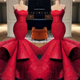 Charming Red Mermaid Prom Dresses Sexy Strapless Sparkly Sequins Evening Gowns Ruched Tiered Sweep Train Arabic Formal Party Dress
