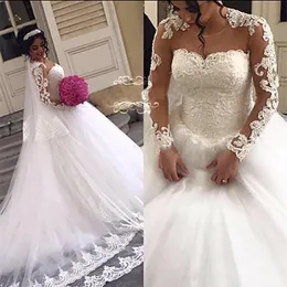 African Luxury Ball Gown Wedding Dresses with Chapel Train Illusion Long Sleeves Applique Lace Bridal Gowns Robe De Mariage