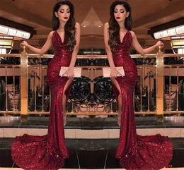 2019 Burgundy V Neck Sequins Mermaid Prom Dresses Sexy High Slits Vestidos De Fiesta Sweep Train Formal Long Evening Party Prom Gowns PD89