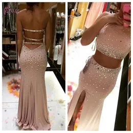 Pink Two Piece Prom Dresses Beaded Crystals Side Slit Backless Mermaid Sheath Custom Made Evening Party Gowns Formal Ocn Wear