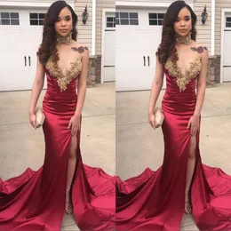 Sexy African Mermaid Side Split Prom Party Dresses 2019 Lace Applique High Neck Evening Gowns Vestidos De Fiesta Sweep Train Formal Dress