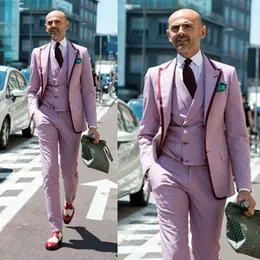 Pembe 3 adet Erkek Düğün Suit Slim Fit İki Düğme Çentikli Yaka Damat Giyim Smokin Resmi Çalışma Balo İş Blazer (Ceket + Yelek + Pantolon)
