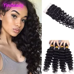 Capelli umani vergini malesi 3 pacchi con chiusura 4x4 Trame di capelli ondulati profondi con chiusura in pizzo 4 per 4 con capelli del bambino Yirubeauty