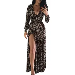 Kobiety Jesień Vintage Leopard Drukuj sukienki Kobiety Łęk Wiązany V Neck Długie Suknie Kobiet Eleganckie Split Chic Maxi Dresses