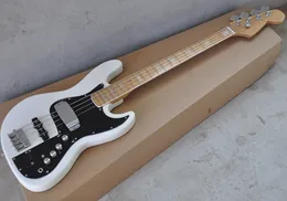 Fabrika toptan 4 dizeleri pikap kapağı ile beyaz elektrik bas gitar, siyah pickguard, akçaağaç klavye beyaz ciltleme ile