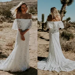 Abiti Bohemia Sirena con spalle scoperte Lungo pizzo pieno Boho Abiti da sposa economici Abito da sposa taglie forti da spiaggia