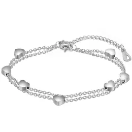 Fashion-Titanium Stainless Steel Womens Bohemia 2 Layers Heart Charms Chain Bracelet Silver Birthday Jewelry Gifts for Women Wholesale