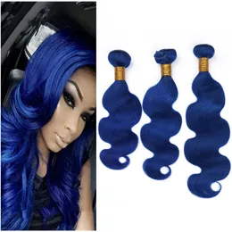Blue Human Hair Extensions 3 Bundles Deals Body Wave Blue Weaves Virgin Peruvian Hair Weft Body Wavy Hair Bundles For Sale