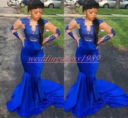Elegans Royal Blue Mermaid Prom Klänningar Lace Black Girl African Robe de Soiree Plus Size Evening Gowns Särskilda tillfällen Juniors Pageant