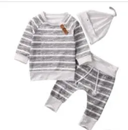 Noworodek Baby Boys Striped Gray Top Spodnie Kapelusz 3 sztuk Zestaw Outfits Z Długim Rękawem Krótkie Style Dzieci Chłopiec Odzież 0-18M WL1158