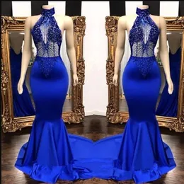 Royal Blue Halter Satin Mermaid Long Prom Dresses 2020 Beaded Stones Top Backless Sweep Train Formell Party Wear Grows BC0798