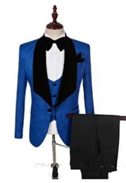 ロイヤルブルージャカード新郎Tuxedosベルベットラペル新郎のウェディングドレス人気の男ビジネスディナープロムブレザー（ジャケット+パンツ+ネクタイ+ベスト）1026