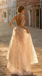 Gali Karten 2020 A Line Boho Wedding Dresses Böhmen Deep V Neck spetsar Appliced ​​Backless Tulle golvlängd med pärlbruden GO175C
