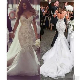 2020 Modest sjöjungfru bröllopsklänningar Kortlevärmar Lace Applique V Neck Sweep Train Dubai Luxury Beaded Wedding Bridal Gown