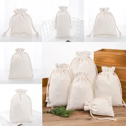 Drawstring Pouch Bags Canvas Bomull Återanvändbar Shopping Bag Party Candy Favor Sack Bomull Presentförpackning Förvaringsväskor WX9-1489