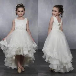 Tiered Hi Lo Flower Girls Dresses Toddler A Line Appliques Children Pageant Dress Christmas Ruffles Girls First Communion Gowns