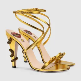 Lucky Hot Catwalk Models frete clássico 2019 Design grátis Design Sexy Lip Snake Trecha Bow Aberto Strap 10,5 cm Sandals Sandals Gold 34-43 03 213