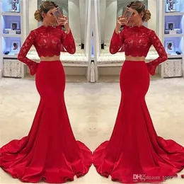 Cheap Sexy Red Two Piece Prom Dresses New Long Sleeve High Neck Mermaid Lace Sweep Train Formal Evening Gowns African Arabic Vestidos