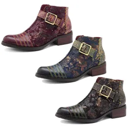 Hot Sale-Socofy Retro Bohemian Boots Women Shoes Woman Spring Autumn Cow Leather Motorcycle Boots Zipper Chunky Heel Ankle Shoes 2019