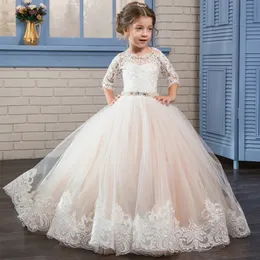Cheap Ivory Lace Kids Wedding Dress with Bateau Neck Long Flower Girl Dresses Custom Made Teens Pageant Birthday Gowns