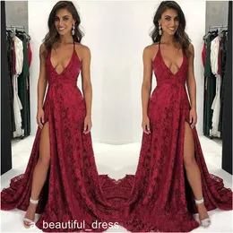 Deep V Neck Prom Klänningar 2018 Ärmlös Full Lace Appliques Formell High Split Burgundy Spaghetti Evening Dresses Custom Made Ed1154