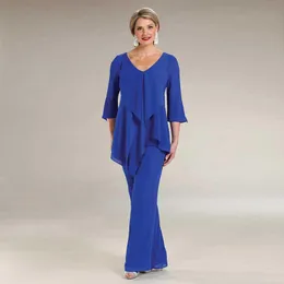 Niebieskie Dwa Kawałki Matka panny Młodej Pant Garnitury Długie Rękawy V Neck Sukienka Gościnna Plus Size Szyfonowe Matki Szkiedle