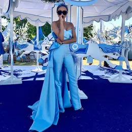 Light Blue Jumpsuit Prom with Detachable Train Sweetheart Ruched Formal Party Wear Evening Dresses Satin Ankle Length Suit Sets