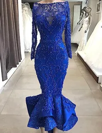 2023 Sexy królewski niebieski suknie balowe syrenka Off ramię Bateau koronki zroszony perły długie rękawy Illusion Plus rozmiar balu suknie wieczorowe
