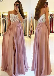 Blush Pink Lace Arabic Beach Bridesaid Dresses Spaghetti A-line Wedding Guest Dresses High Split Chiffon Party Gowns BD9071