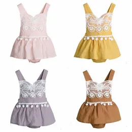 Baby Summer Rompers Girls Cotton Linen Suspenders Jumpsuits Kids Falbala Ruffle Triangle Bodysuits Child Solid Color Lace Playsuits Zyqa465